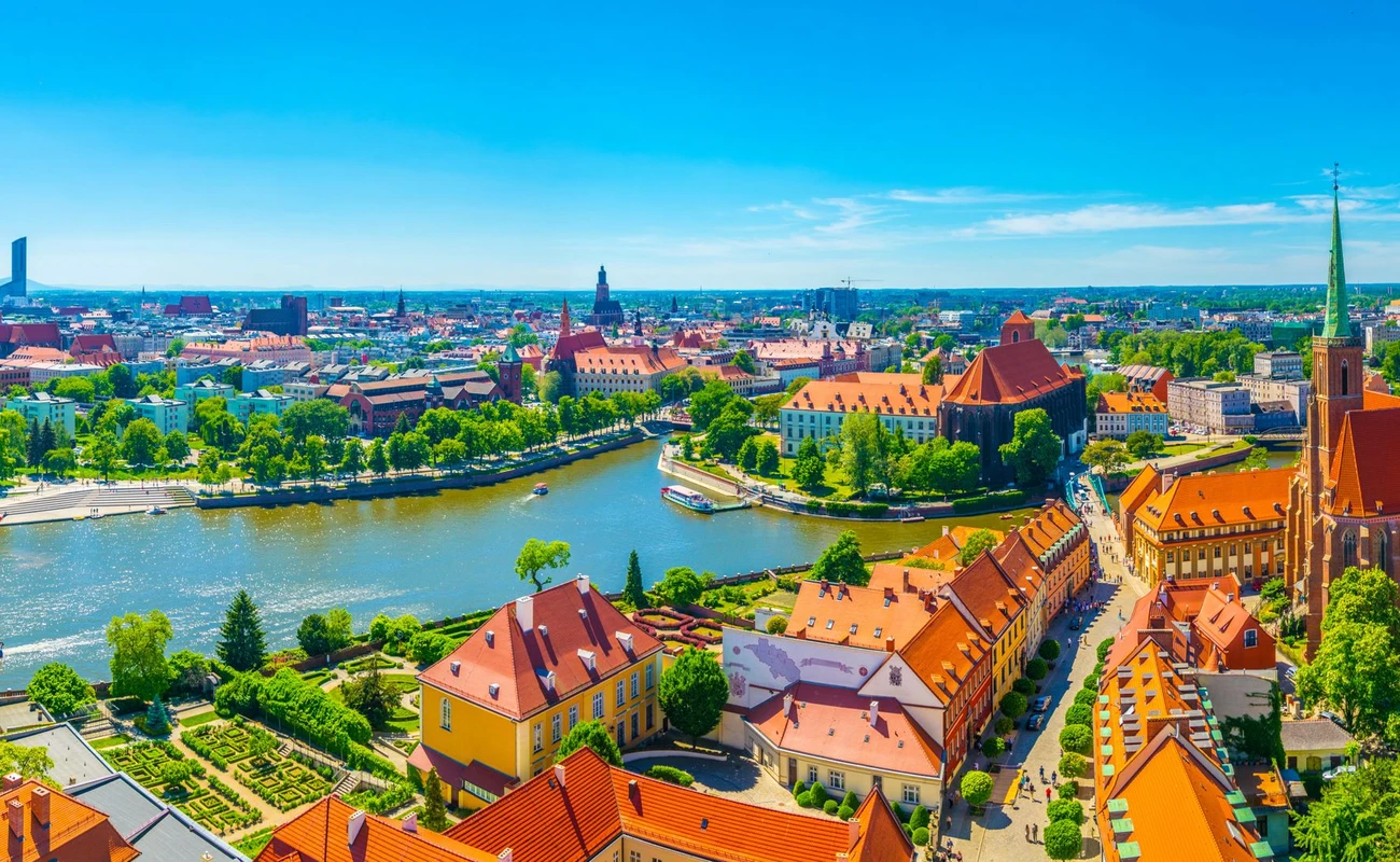 Aerial view of Wroclaw with church of our lady of the sand and church of the Holy Cross and St Bartholomew, Poland