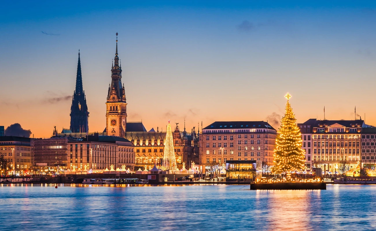 Skyline of Hamburg, Germany with Christmas market decorations