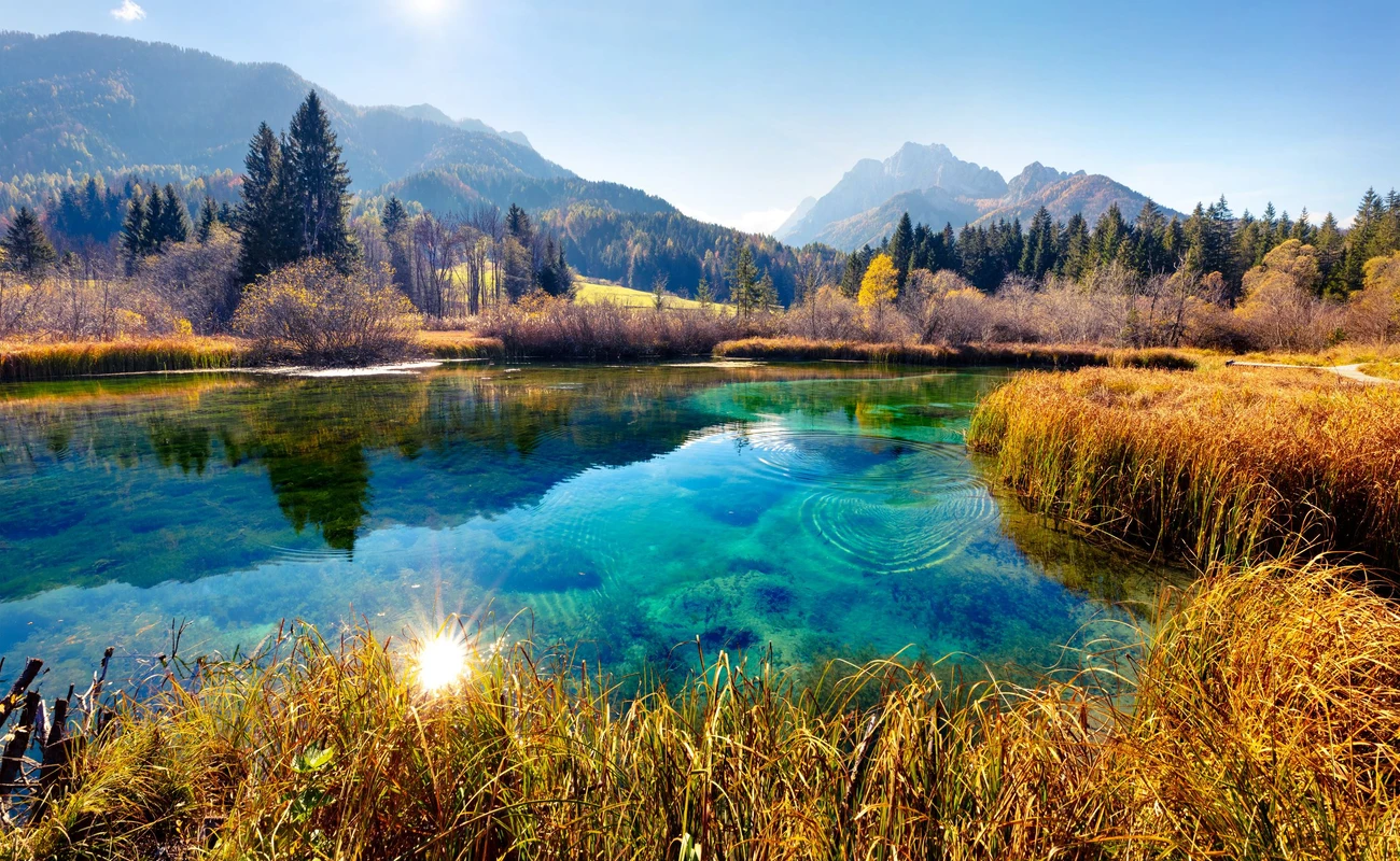 Picturesque autumn scene of Julian Alps with Kranjska gora peak on background. Wonderful morning view of Zelenci nature reserve, Slovenia, Europe. Beauty of nature concept background.