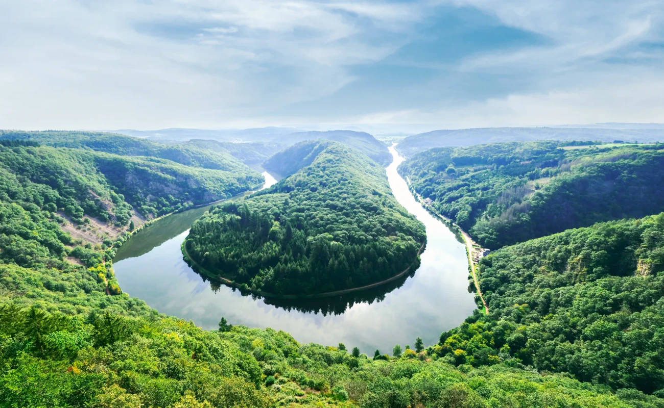 panoramic of Saarschleife - Saar river loop in Saarland, Germany. landmarks, travel guide and postcard. landscape banner