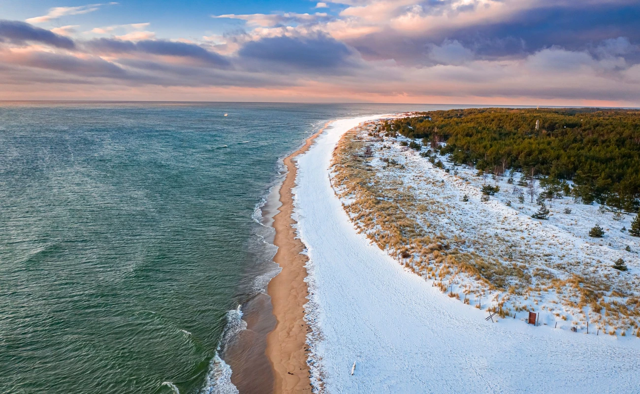 Winter at Baltic Sea. Snowy Hel peninsula. Aerial view of Poland, Europe