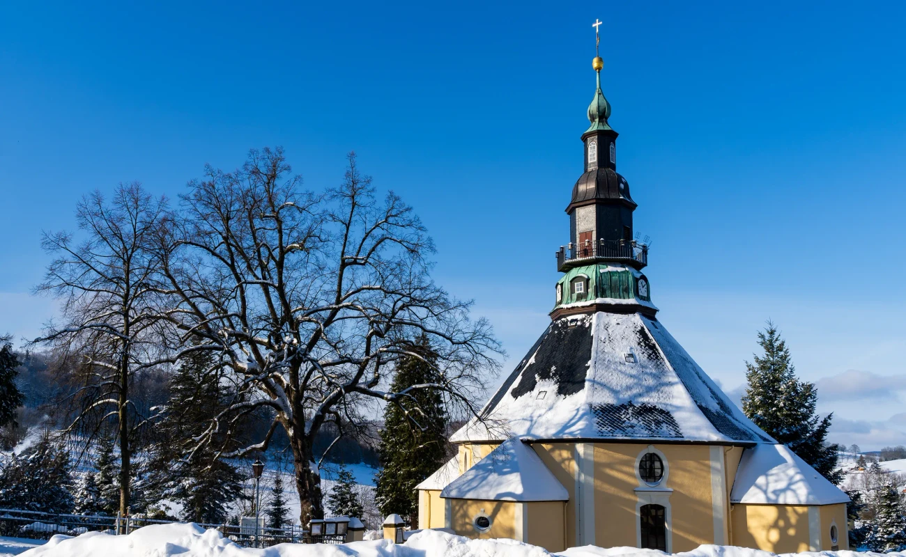 Seiffen Church in Christmas Village Ore Mountains in Saxony Germany at wintertime.