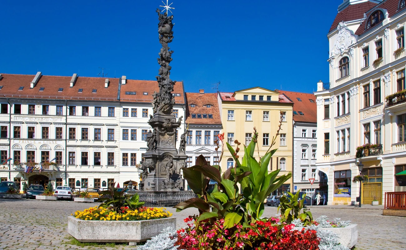 TEPLICE V CECHACH, CZECH REPUBLIC - JUL 16, 2012: baroque pestilential column in spa town Teplice, North Bohemia, Czech republic.  Famous historical thermal springs.