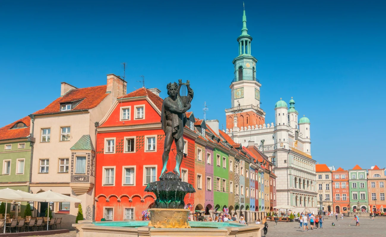 Orpheus statue and Town Hall on old market square, Poznan, Poland.