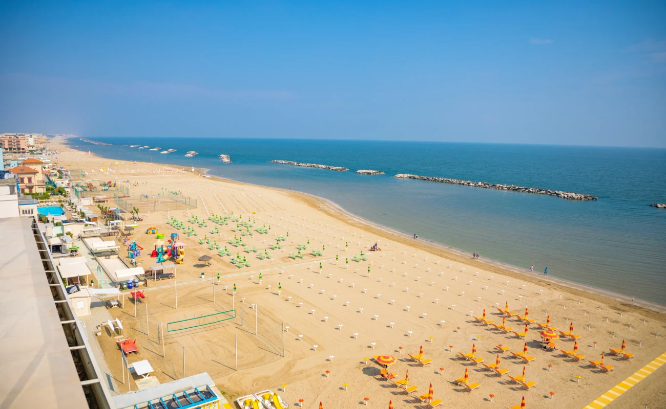 A beach in Adriatic sea in Rimini, Italy, aerial view from hotel
