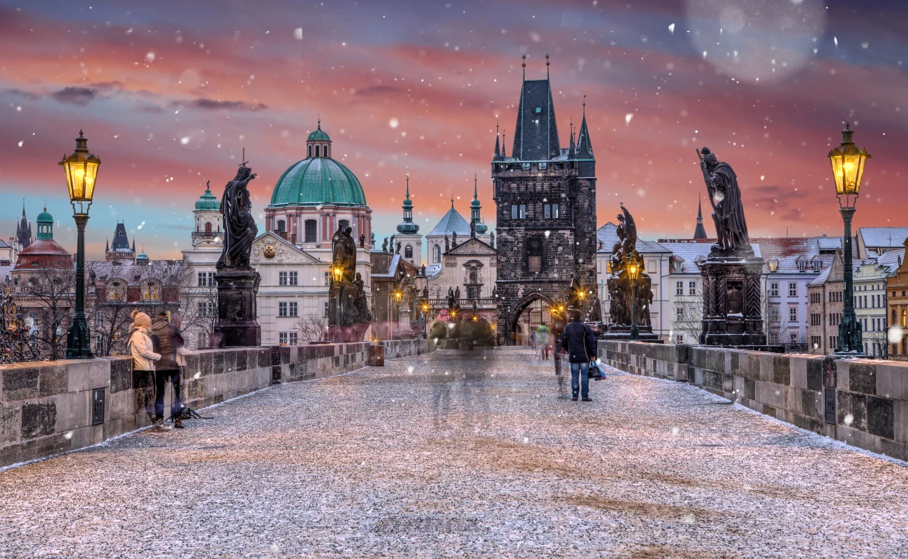 Famous historic Charles bridge in winter morning, Old Town bridge tower, Prague (UNESCO), Czech republic.