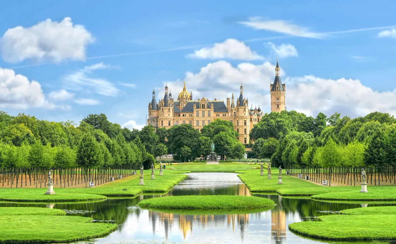 castle of schwerin in germany. Banner for travel goals and sights of city breaks. landmarks, travel guide Europe. Postcard Schwerin