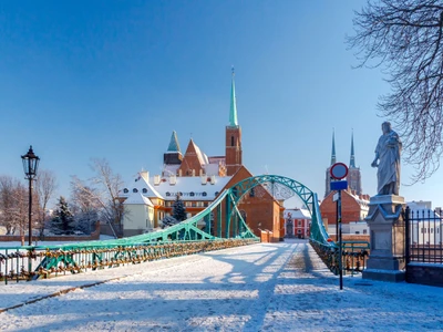 Tumski bridge over the river Odra to the island in winter.