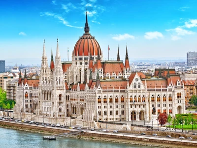 Hungarian Parliament at daytime. Budapest. One of the most beautiful buildings in the Hungarian capital.
