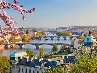 View on Vltava river and Prague at sunset