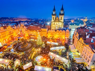 Prague, Czech Republic. Christmas Market in Stare Mesto old square, Tyn Church, Bohemia.