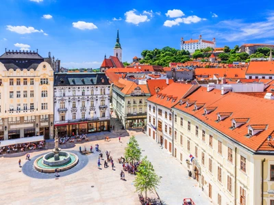 Bratislava, Slovakia. View of the Bratislava castle, main square and the St. Martin's Cathedral.