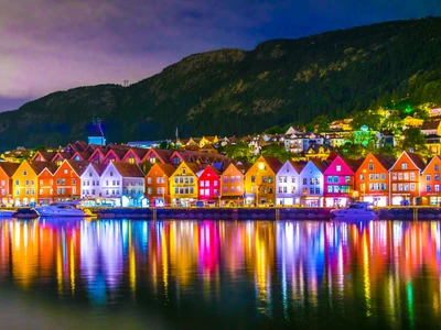 Night view of a historical wooden district Bryggen in the norwegian city Bergen.