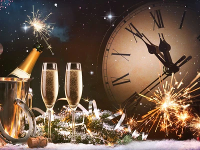 New Years Eve celebration background. Toast with fireworks and champagne at midnight