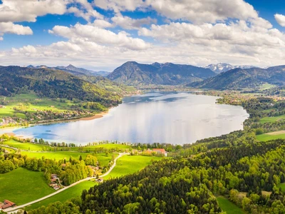Lake Tegernsee in the Bavarian Alps. Aerial Drone Panorama Shot. Spring. Germany close to Austria. Karwendel