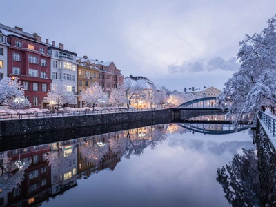 Winter evening waterfront mirror of historical city Ceske Budejovice in the Czech Republic