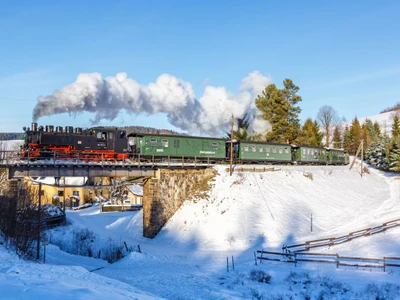 Sehmatal, Germany - December 18, 2022: Fichtelbergbahn steam train locomotive railway on a bridge in winter in Sehmatal, Germany.