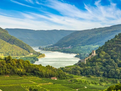 View into the Wachau valley with Danube river and Hinterhaus castle ruins. Austria.