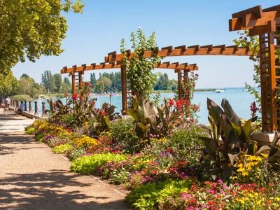 Flower garden at Lake Balaton's beach in Balatonfured, Hugary