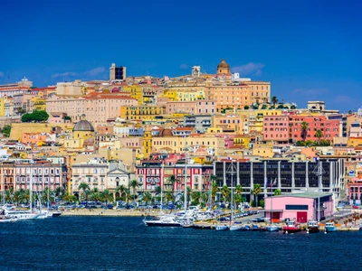 Cagliari, Sardinia, Italy coastal skyline on the Mediterranean Sea.