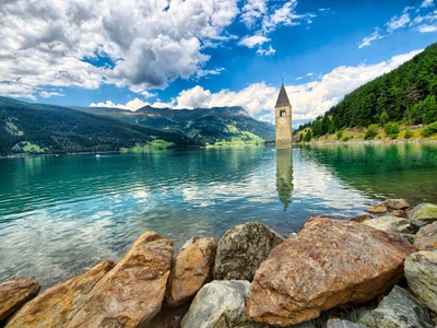 Bell tower of the Reschensee (Resia) South Tyrol Italy