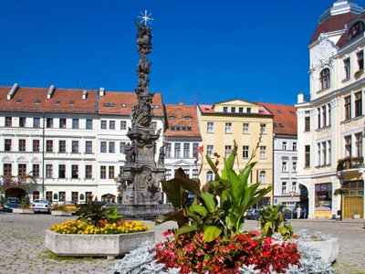 TEPLICE V CECHACH, CZECH REPUBLIC - JUL 16, 2012: baroque pestilential column in spa town Teplice, North Bohemia, Czech republic.  Famous historical thermal springs.