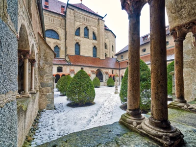 cloister of the cathedral of Bressanone in Italy under the winter snow