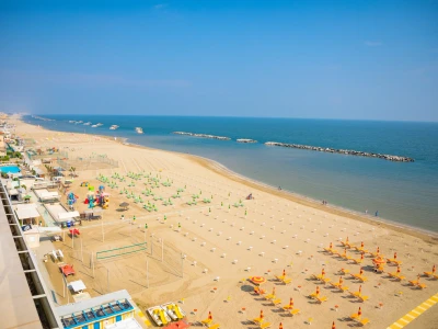 A beach in Adriatic sea in Rimini, Italy, aerial view from hotel