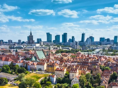 Aerial panorama of Warsaw, Poland  over the Vistual river and City center in a distance