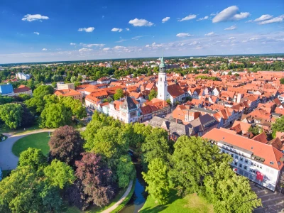 Celle aerial view from drone, Germany. Homes and city park on a summer day