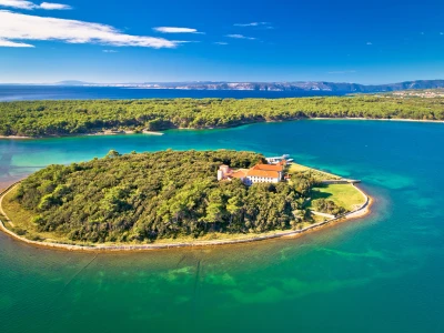 Kosljun. Adriatic monastery island of Kosljun in Punat bay aerial view, Island of Krk, Kvarner bay of Croatia
