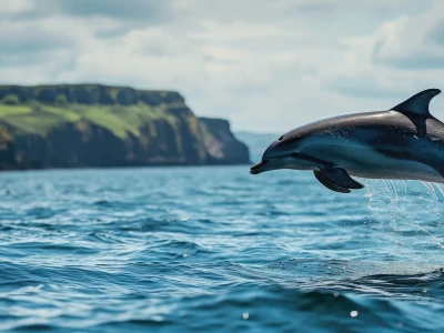 Common dolphin delphinius delphis leaping clear of the water during a whale watching tour from Tobermory on the Isle of Mull Inner Hebrides Scotland. with copy space image