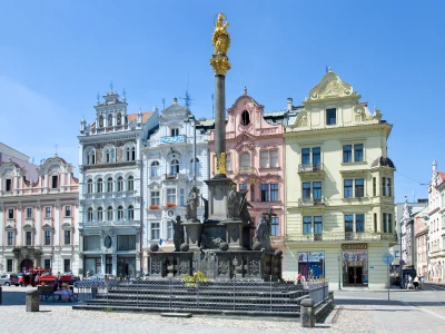 PLZEN, CZECH REPUBLIC - circa AUGUST - marian pillar and historic houses, Plzen town, West Bohemian region, Czech republic. Plzen earned the title European Capital of Culture for 2015.