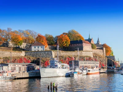 View on Akershus fortress on autumn day at sunset