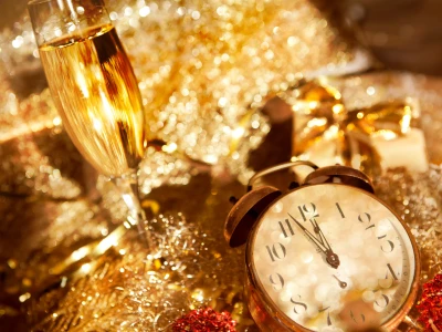 eine Uhr zeigt kurz vor Neujahr an, im Hintergrund Sekt und Festdekoration Silvester