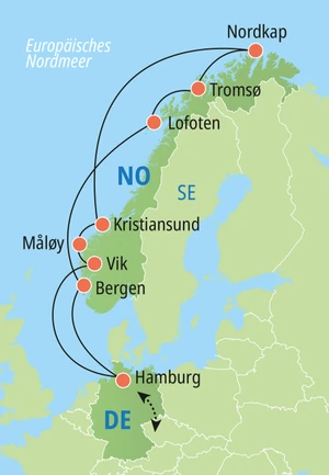 Eine Karte der Reiseroute
